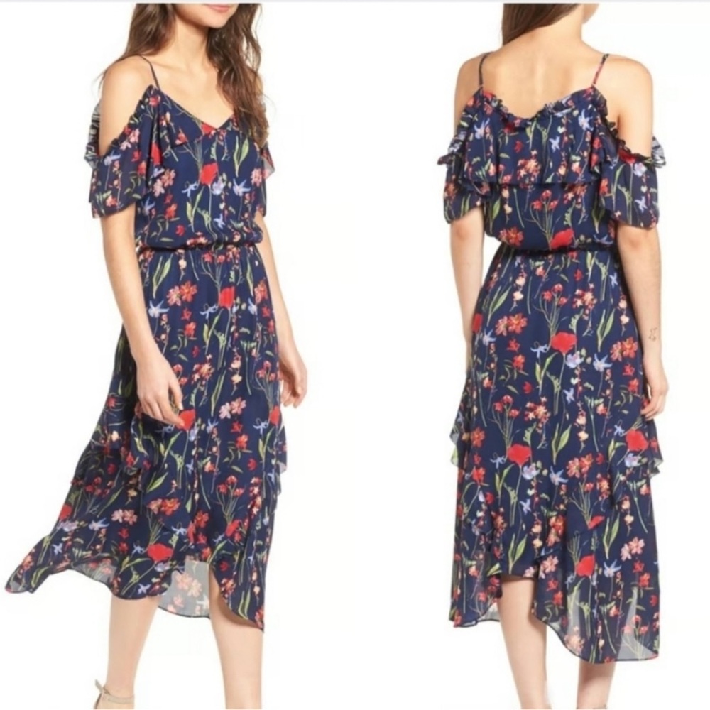 Parker NEW! Gardenia Nights Navy Off Shoulder Floral Hi-Lo hem Dress NWT SZL